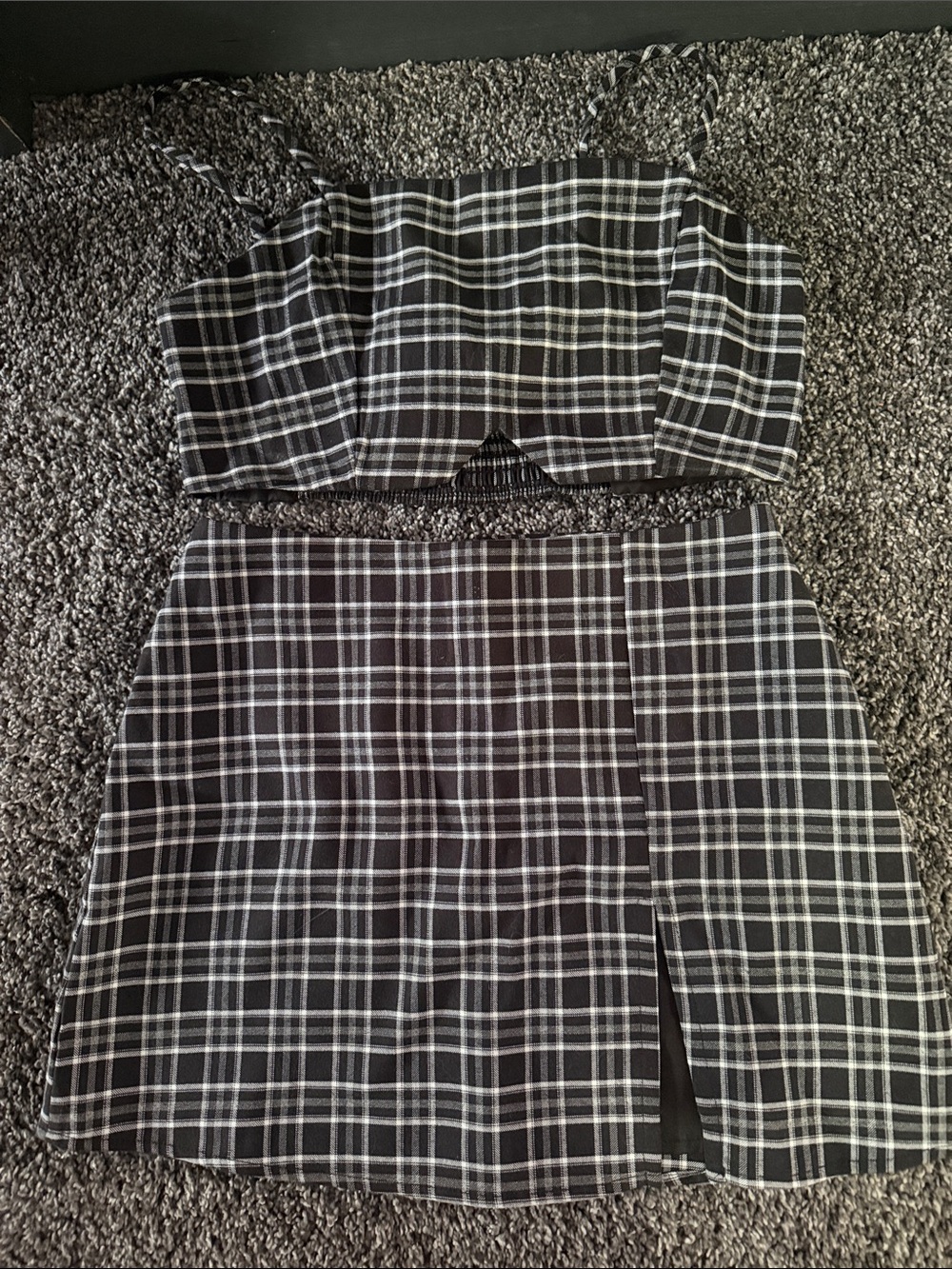 Plaid Crop Top & Mini Skirt Set in Black and White